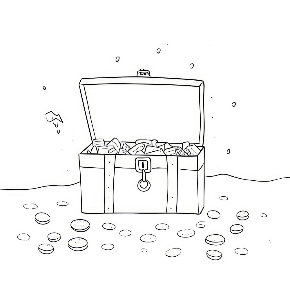 Treasure chest that is open and full of coins sketch doodle line.