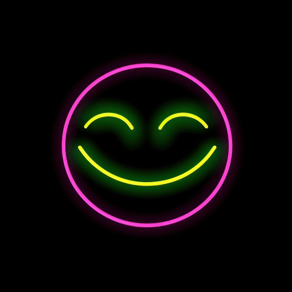 Smiley emoji icon neon glowing purple.