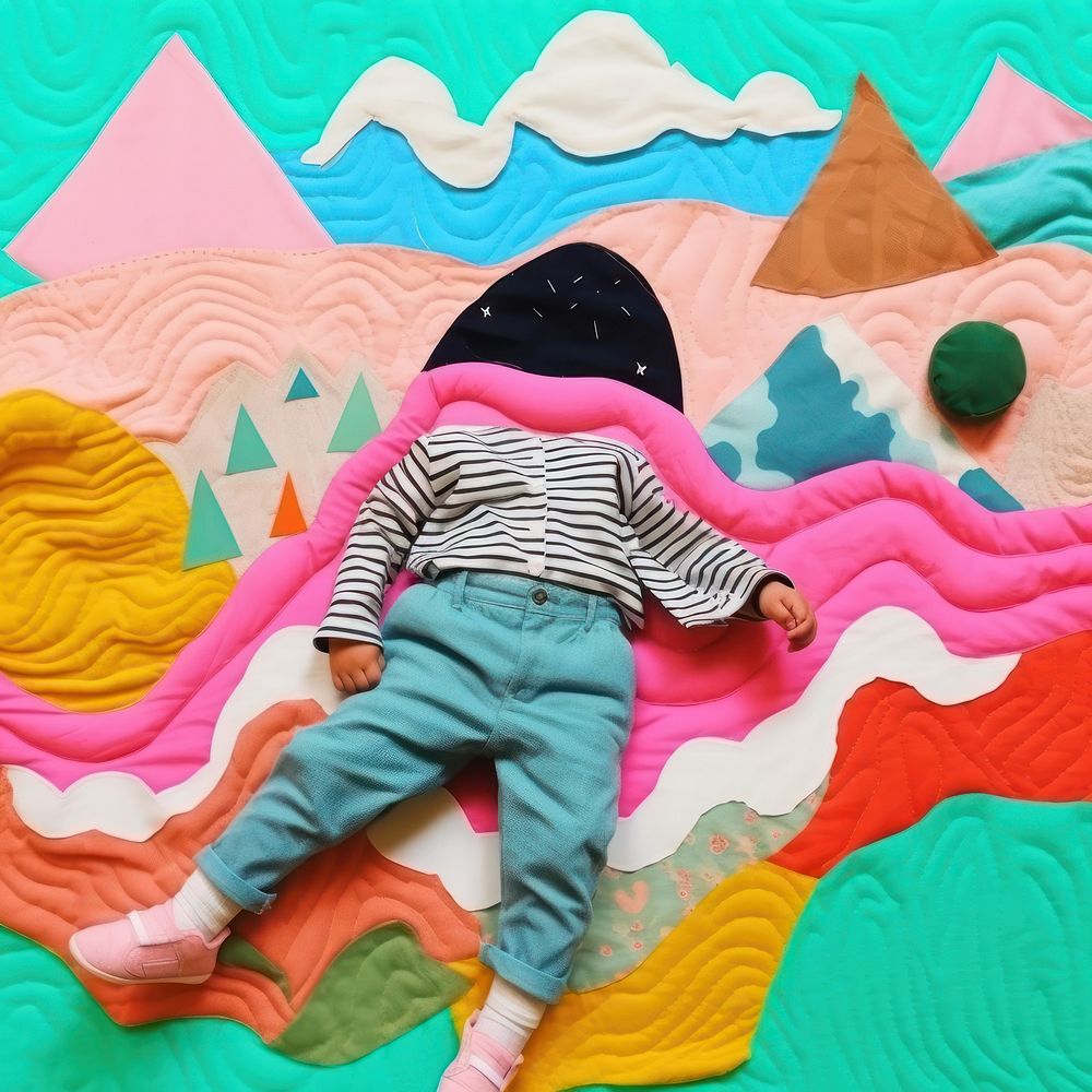 Simple fabric textile illustration minimal of a kid art painting quilt.