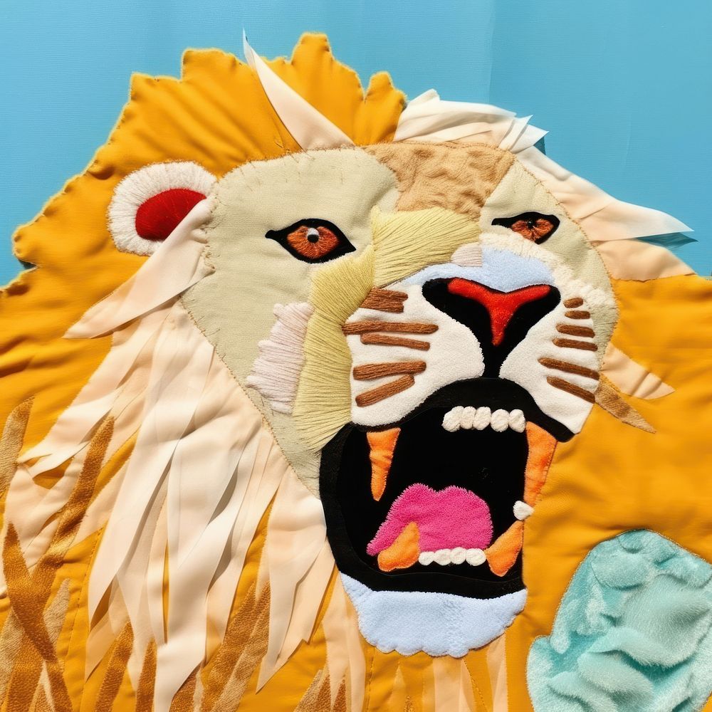 Simple fabric textile illustration minimal of a lion art quilt representation.