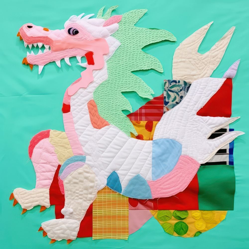 Simple fabric textile illustration minimal of a dragon quilt art patchwork.