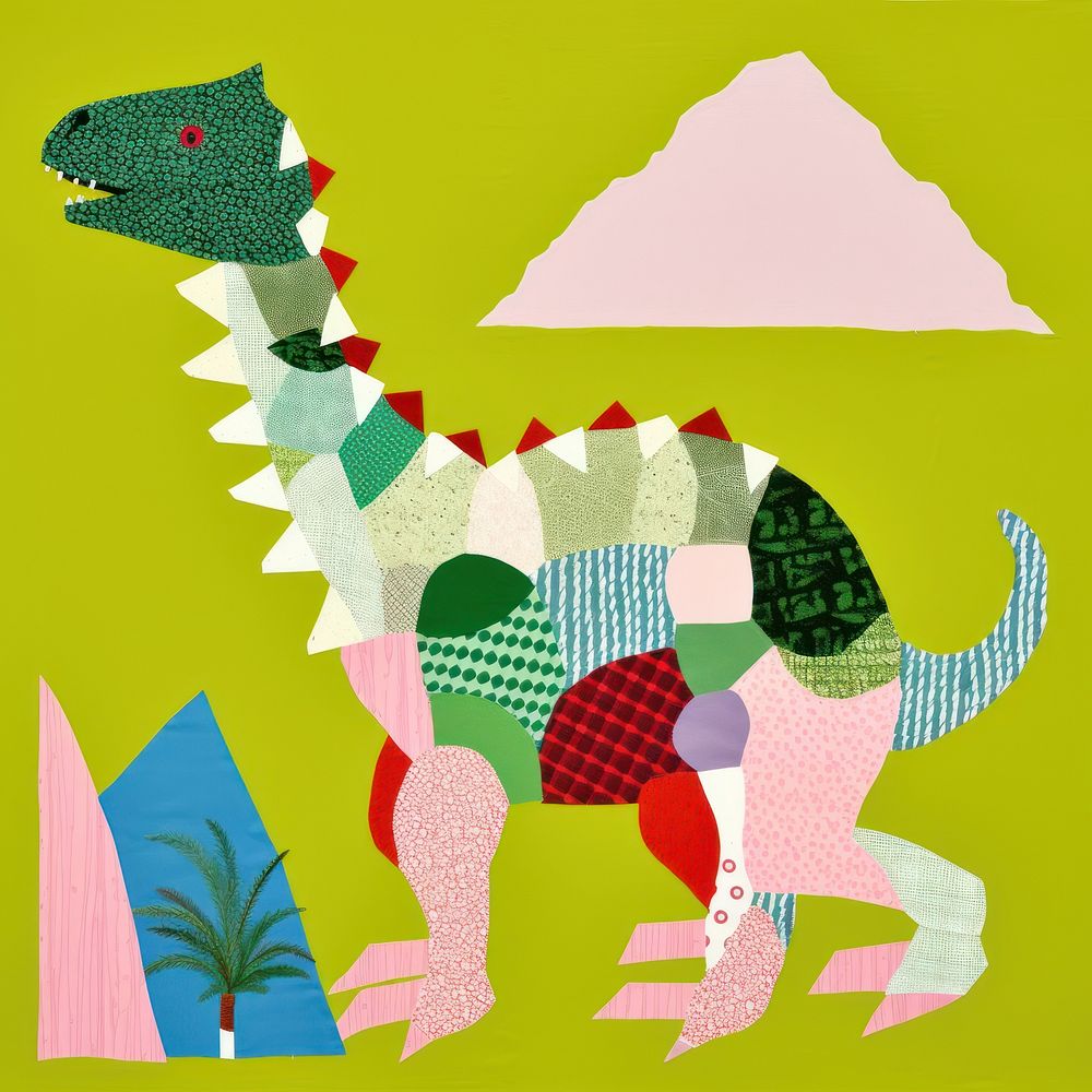 Simple fabric textile illustration minimal of a dinosaur art collage animal.