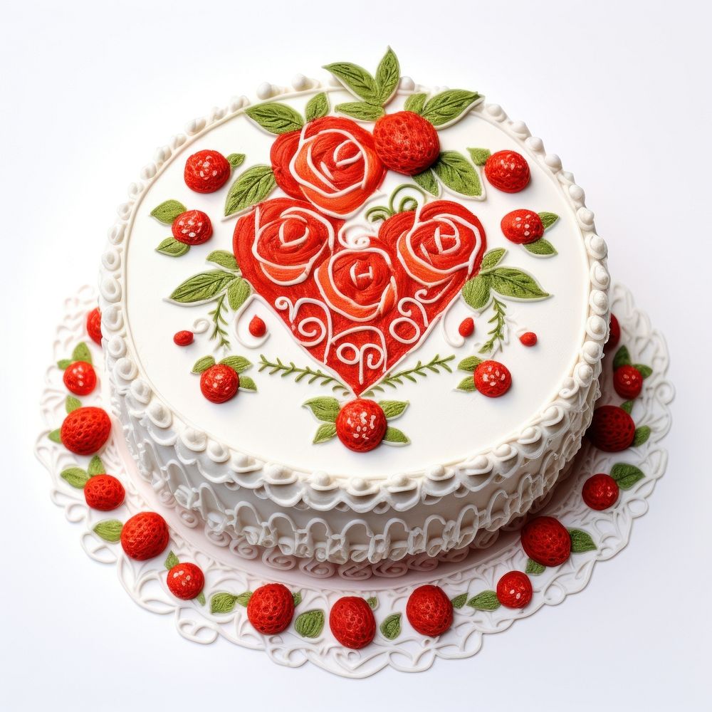 The cake in embroidery style strawberry dessert fruit.