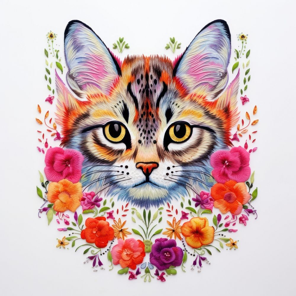 The cat in embroidery style painting pattern animal.