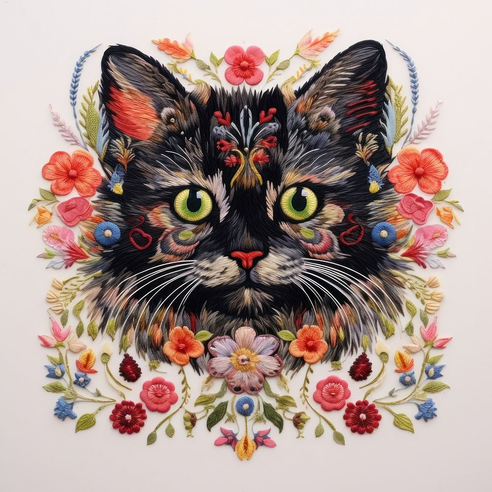 The cat in embroidery style pattern animal mammal.