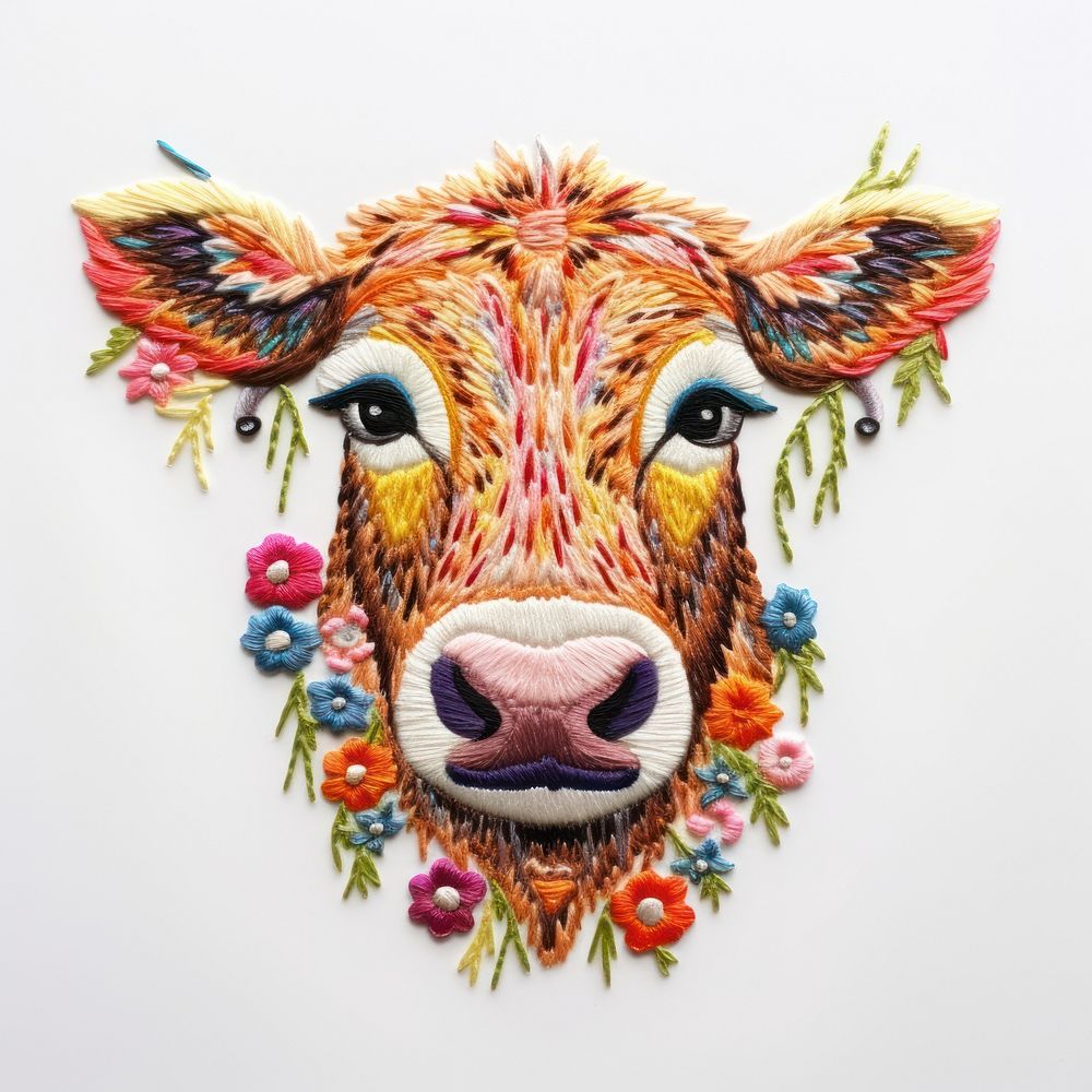 The cow in embroidery style livestock pattern mammal.