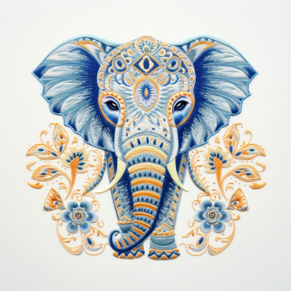 The elephant in embroidery style wildlife animal mammal.