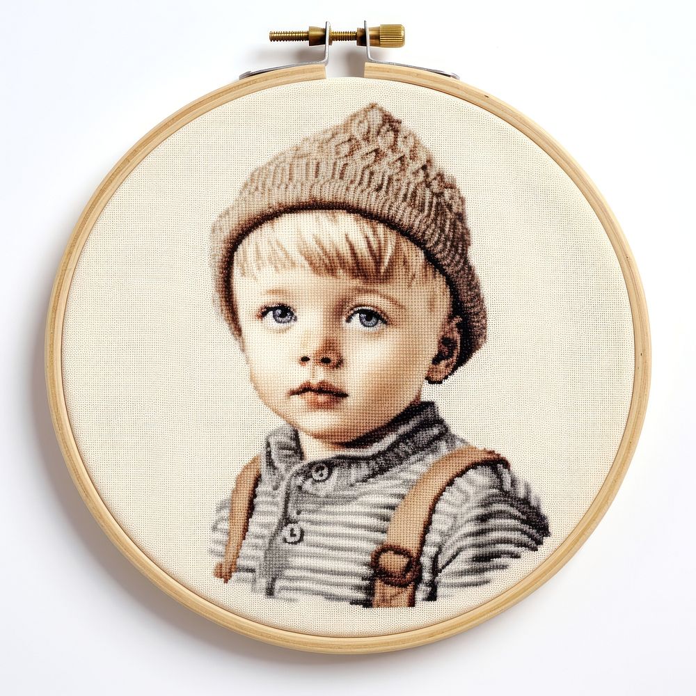 The kid in embroidery style portrait textile pattern.