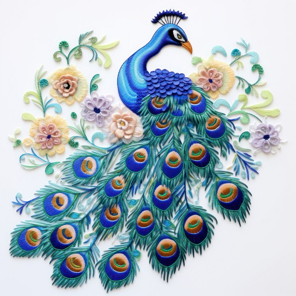 The peacock in embroidery style pattern animal bird.