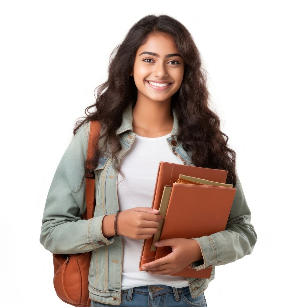 Young indian girl student smile standing.