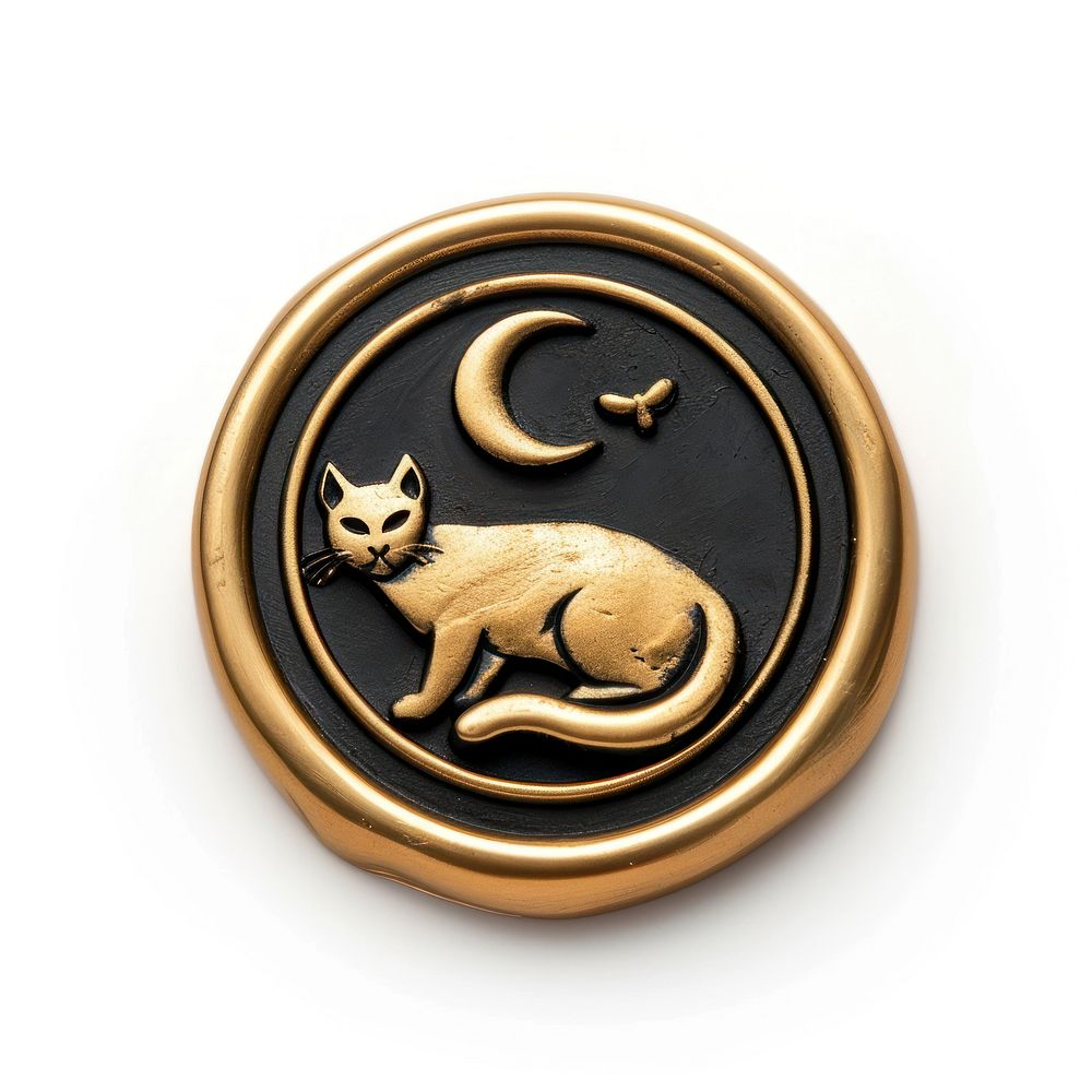 Seal Wax Stamp cat and moon metal white background representation.