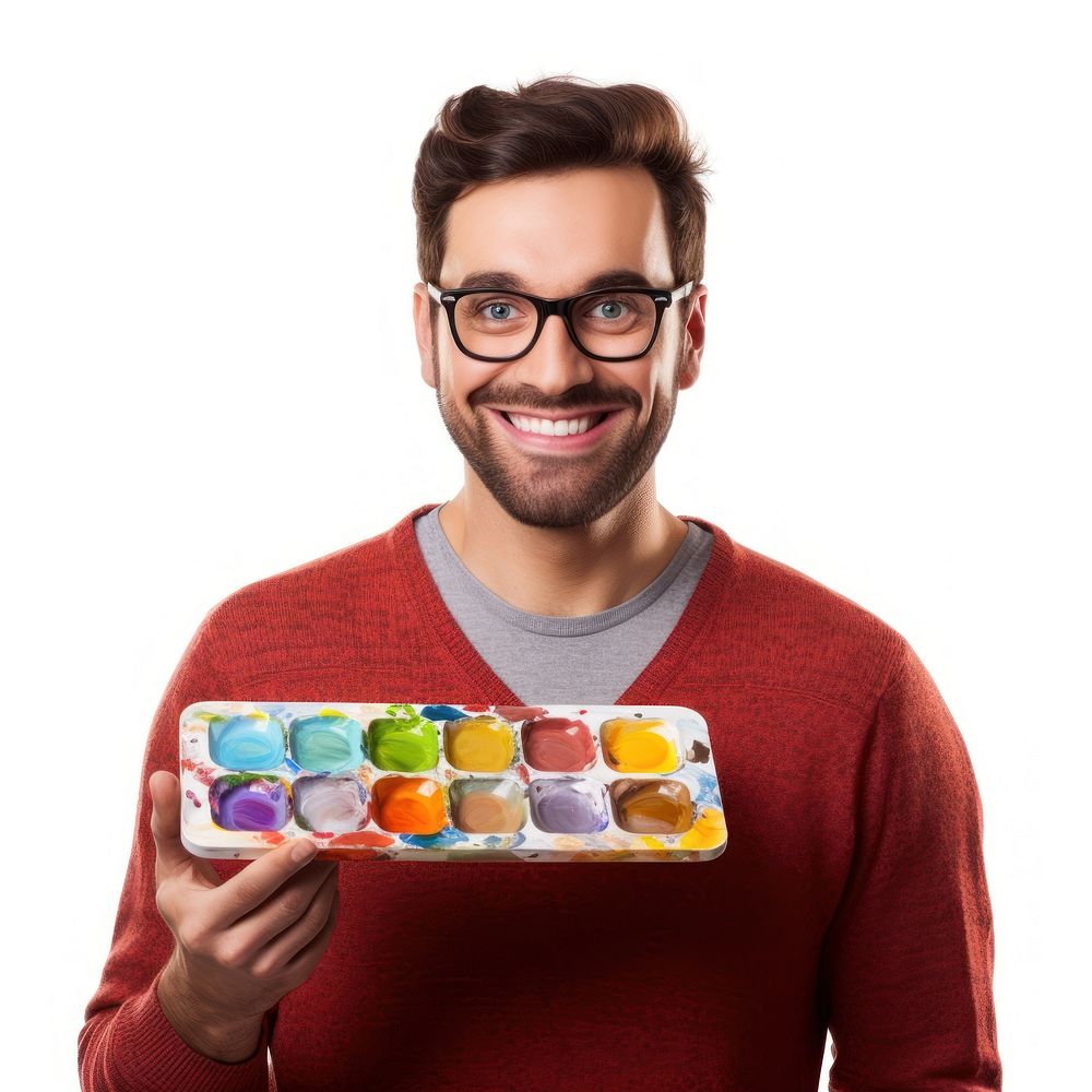 Young artist caucasian man holding a palette glasses adult smile. AI generated Image by rawpixel.