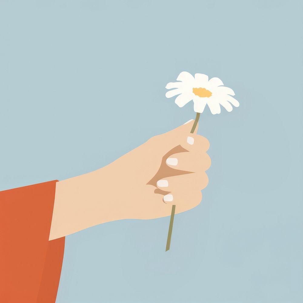 Illustration of hand holding flower finger petal daisy.