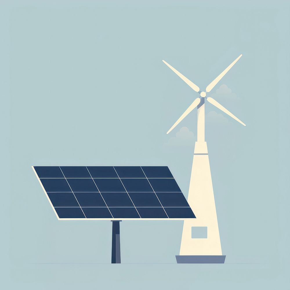 Illustration of solar cell panel with windmill outdoors machine architecture.