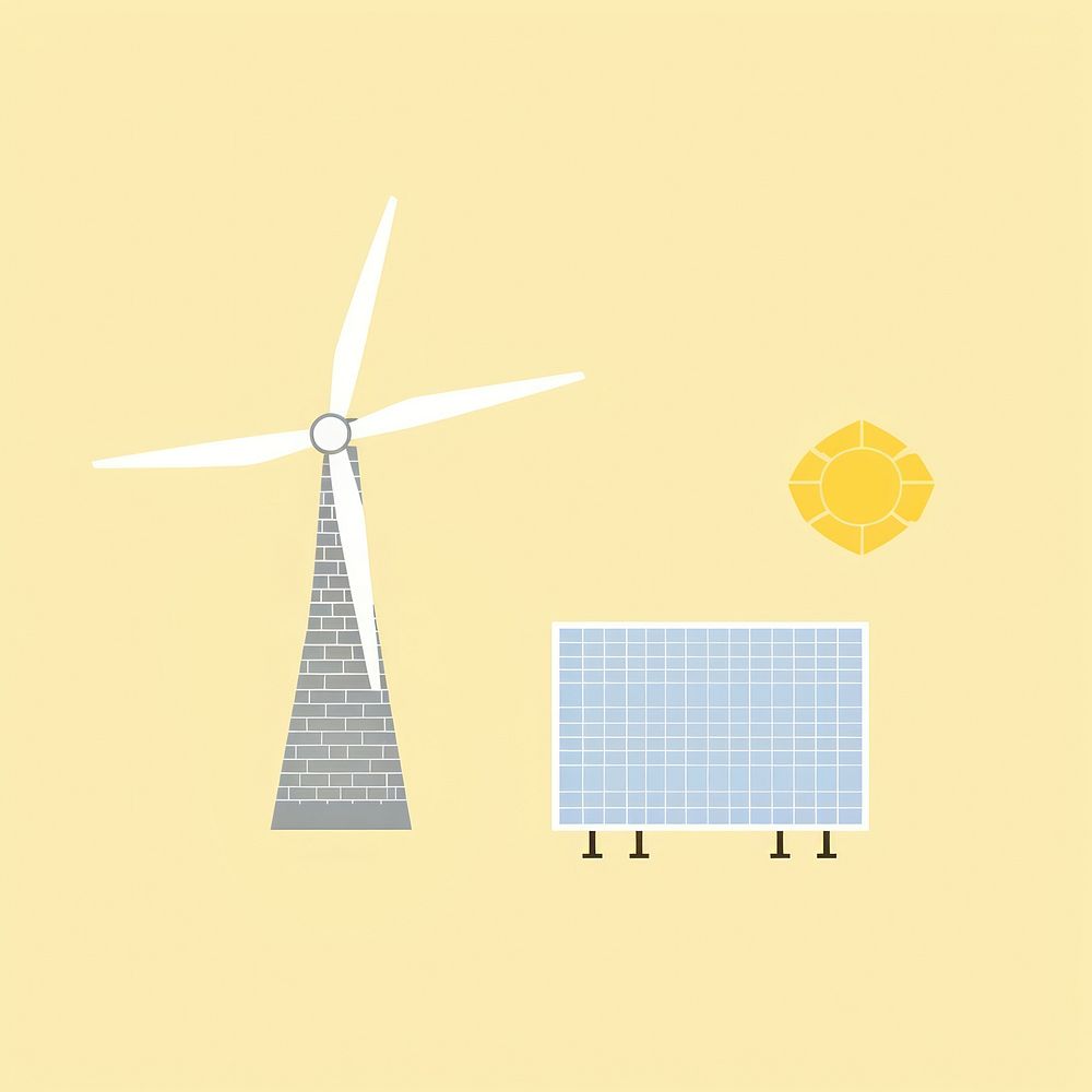 Illustration of solar cell panel with windmill outdoors turbine machine.