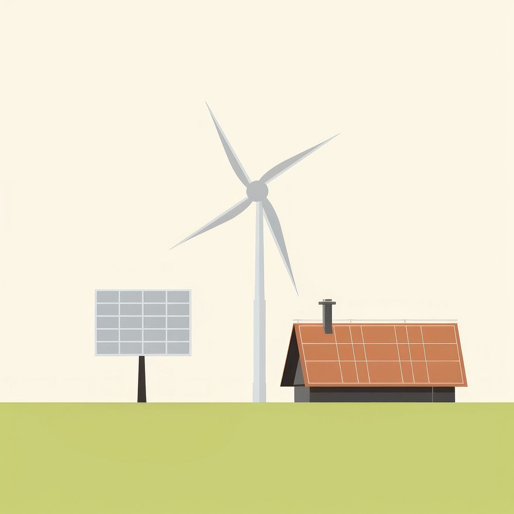 Illustration of solar cell panel with windmill outdoors turbine machine.