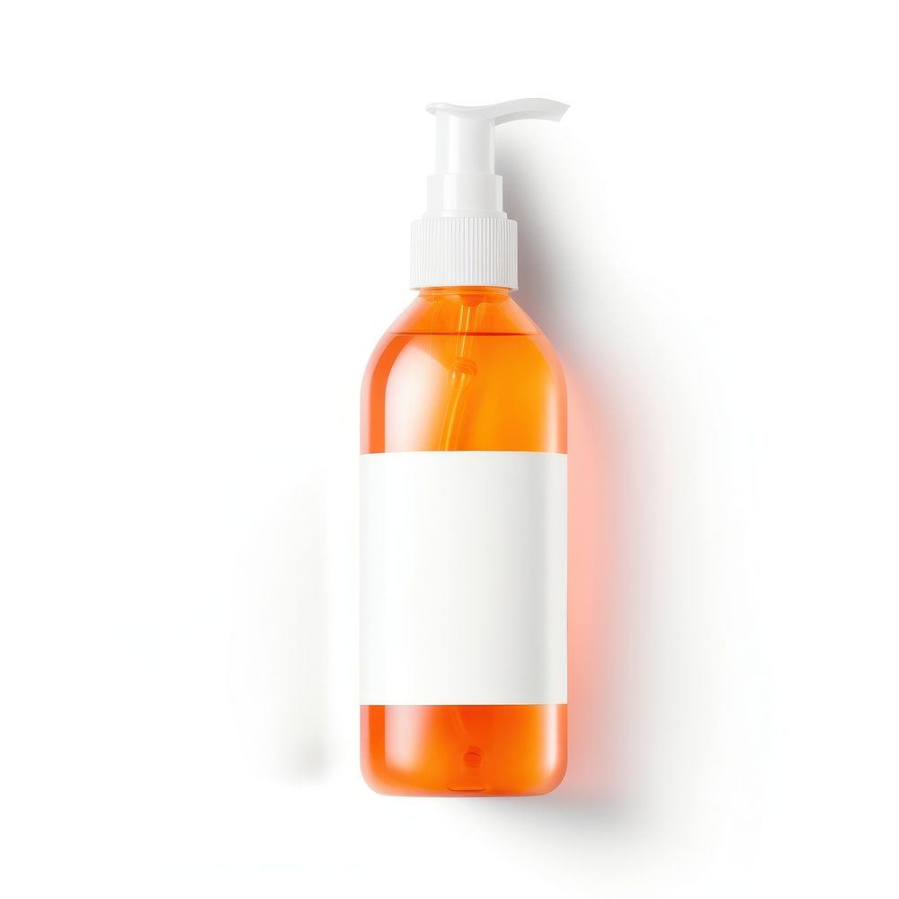 Bottle of orange cosmetic moisturizer bottle cosmetics white background.