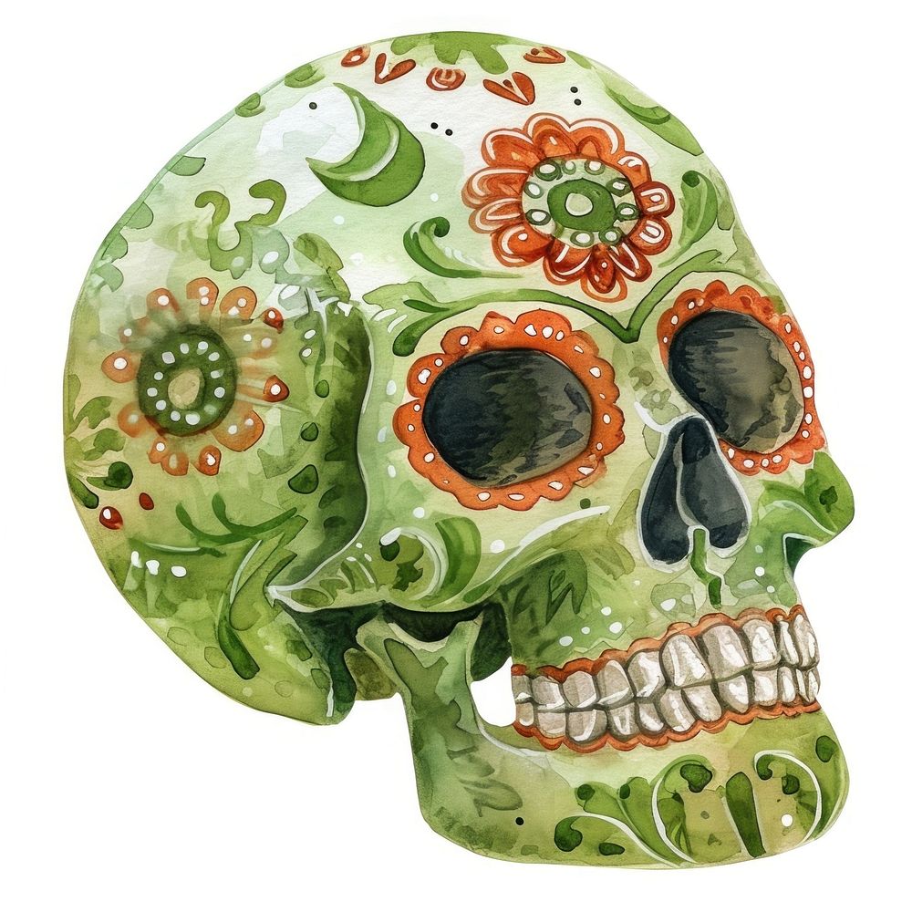 Dia de Muertos skull green art representation.