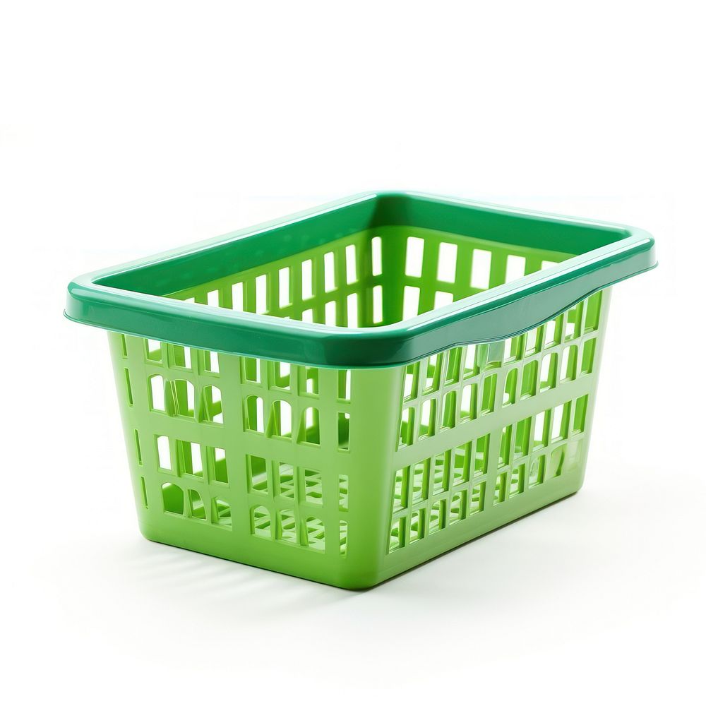 Green plastic shopping basket white background container rectangle.