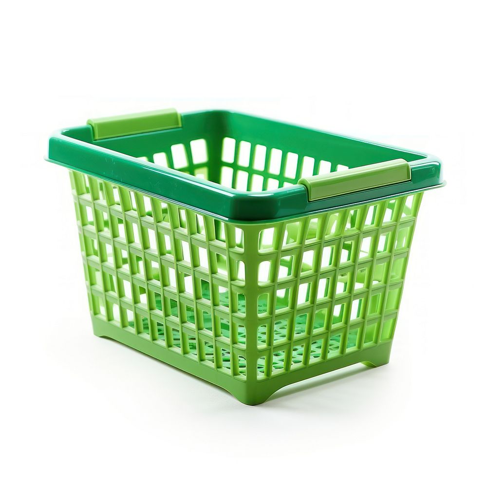 Green plastic shopping basket white background rectangle container.