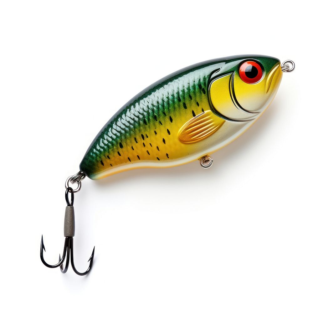 Fishing lure with hook fishing yellow white background.