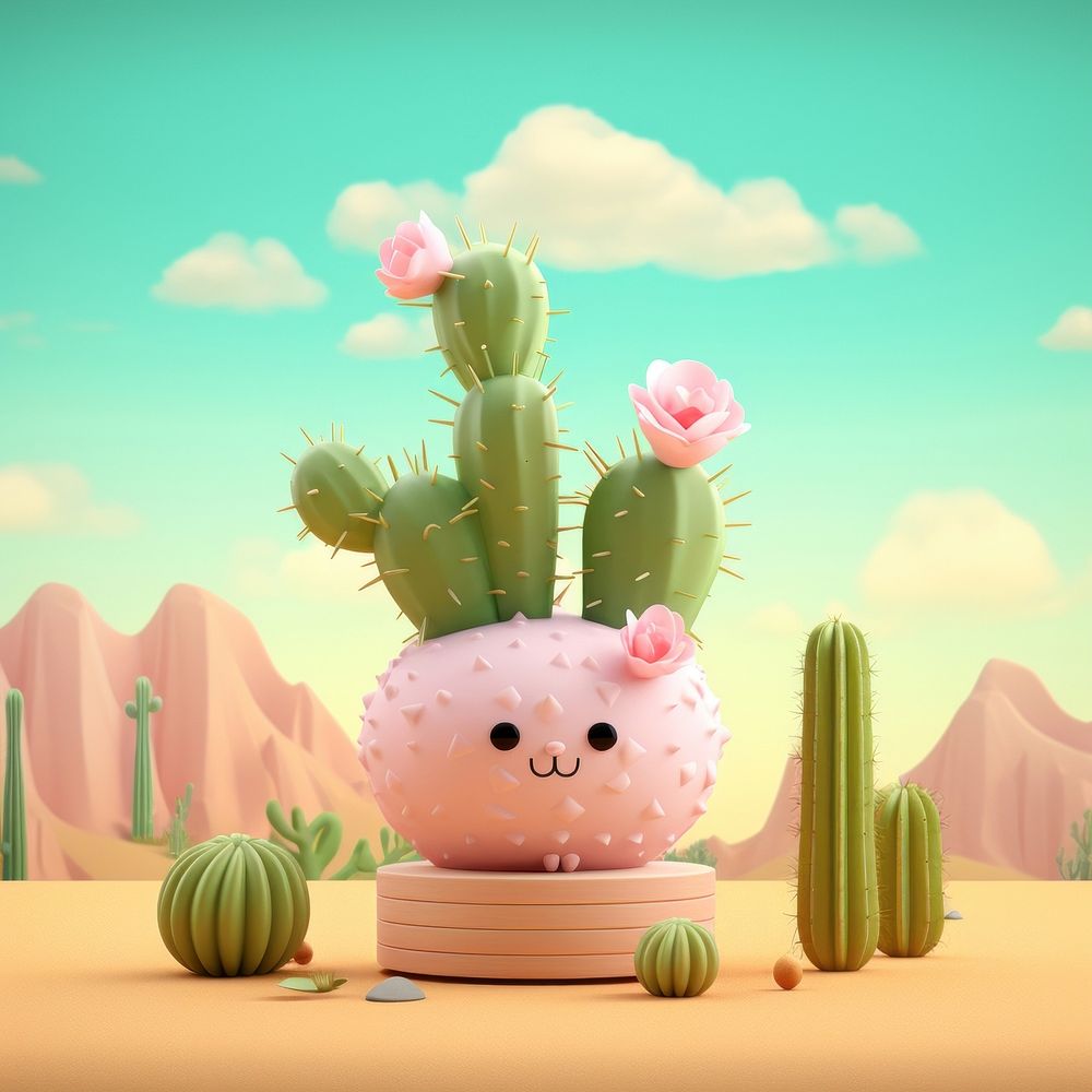 Cute desert fantasy background cartoon cactus plant.