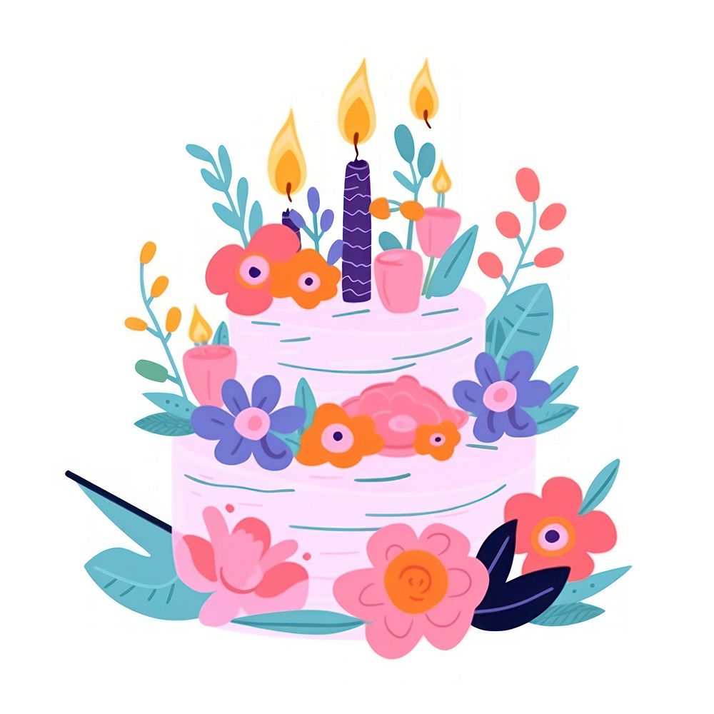 Birthday cake with flowers dessert food illuminated.