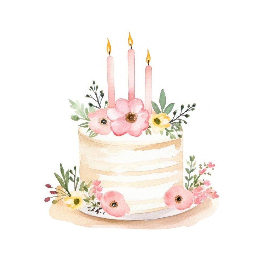 Birthday cake hand drawn watercolor dessert food anniversary.