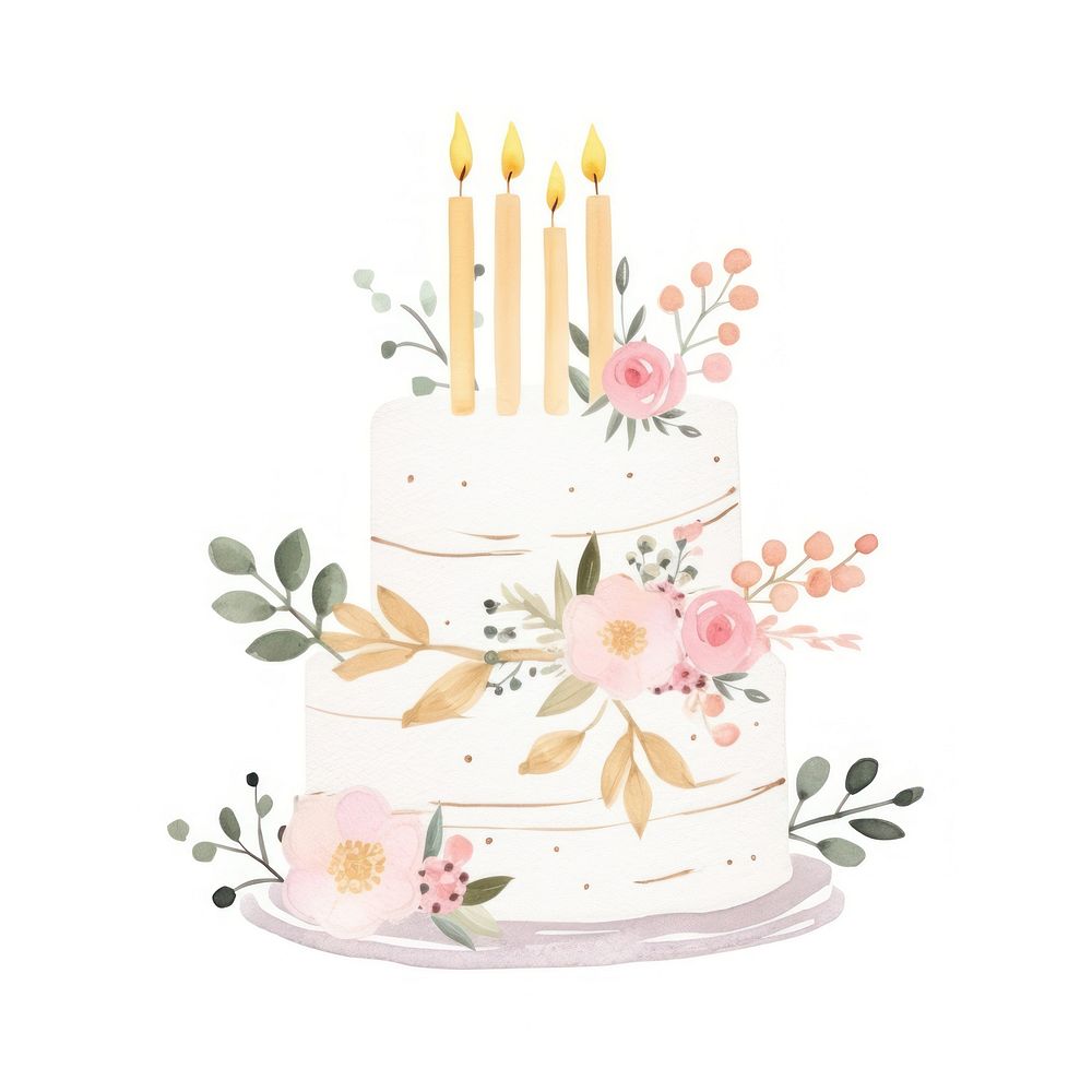 Birthday cake hand drawn watercolor dessert wedding food.