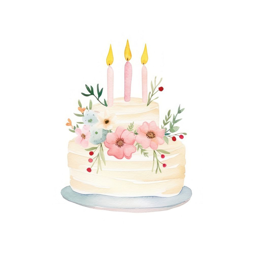 Birthday cake hand drawn watercolor dessert food anniversary.
