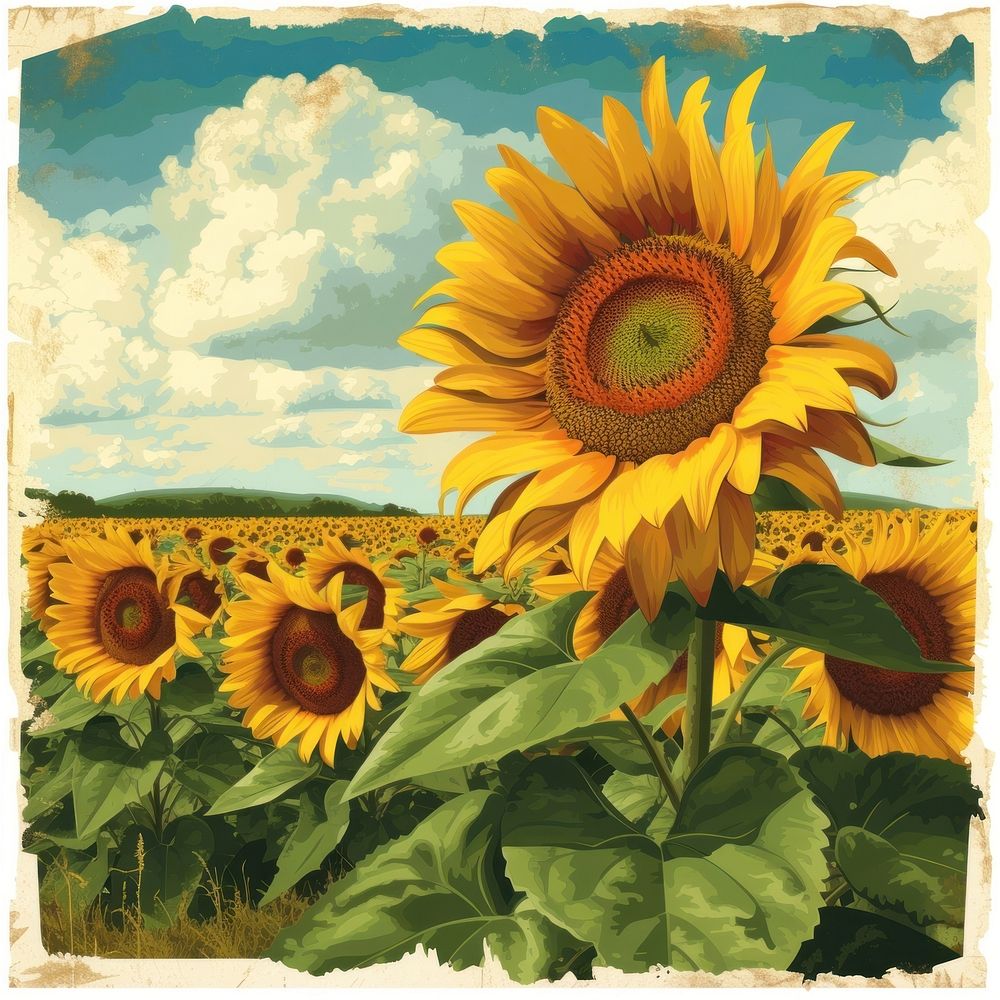 Postage stamp field of sunflower painting plant inflorescence.
