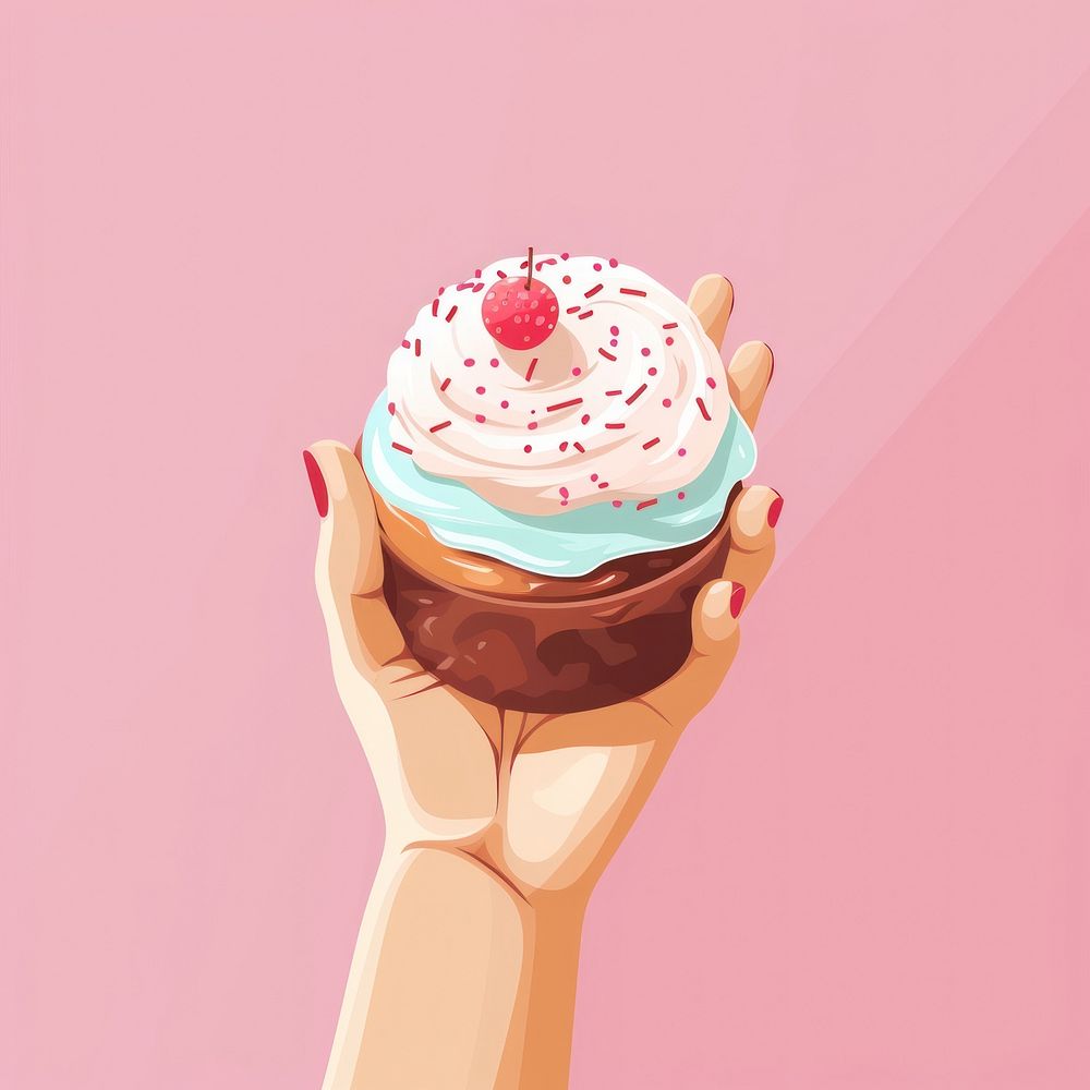 Hand holding of pink donut dessert cupcake food.