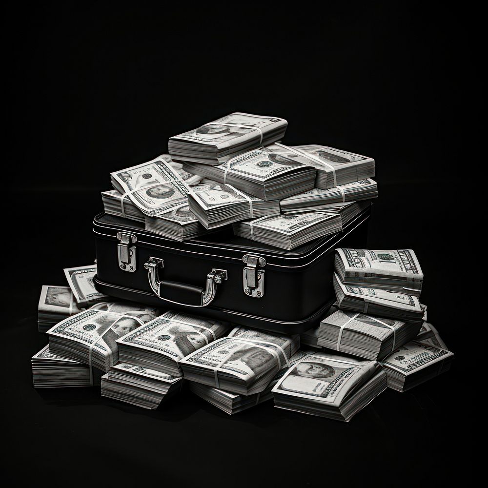 Pile of money in the suitecase monochrome currency suitcase.