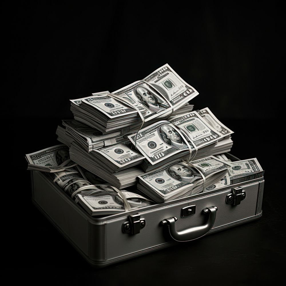 Pile of money in the suitecase dollar container currency.