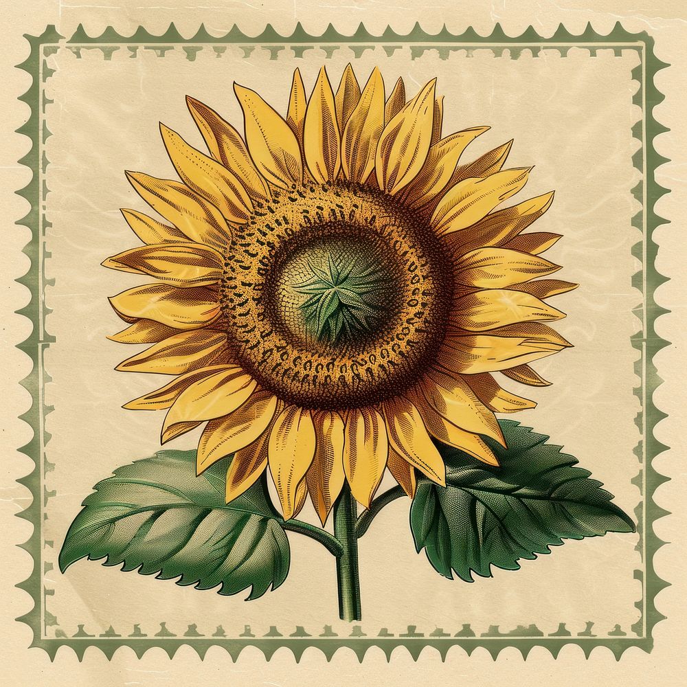 Vintage postage stamp with sunflower plant inflorescence creativity.
