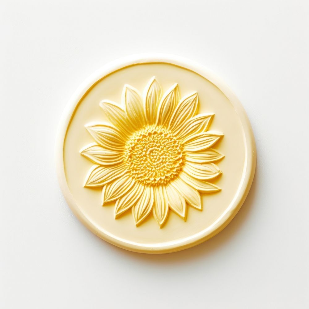 Seal Wax Stamp a sunflower yellow gold white background.