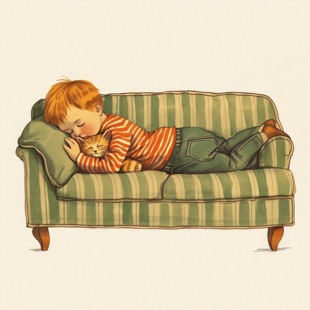 Little boy sleeping on the couch furniture comfortable relaxation.
