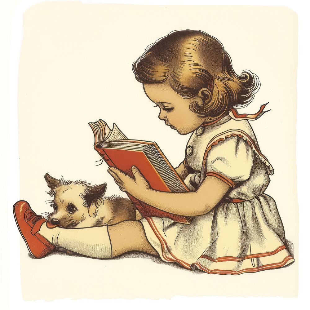 Vintage illustration of little girl reading book publication.