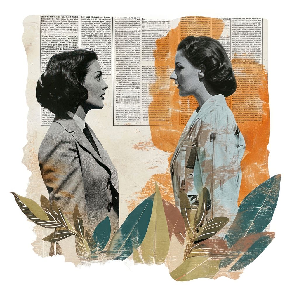 Businesswoman talking together collage newspaper drawing.