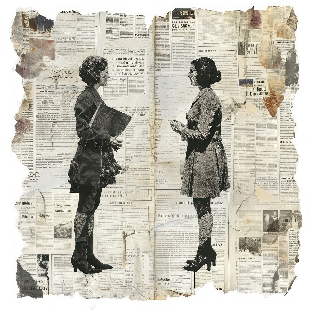 Businesswoman talking together newspaper collage drawing.