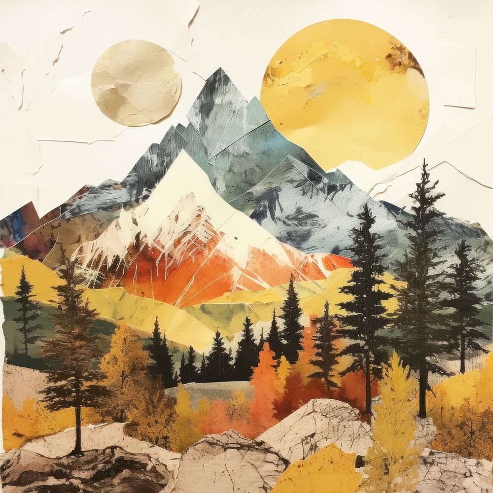 Old paper collage mountain outdoors painting.