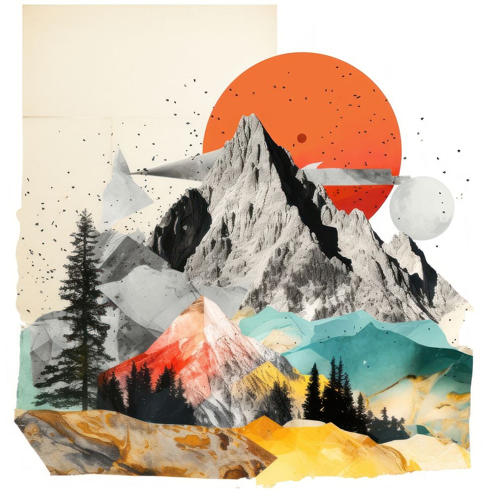Old paper collage mountain outdoors painting.