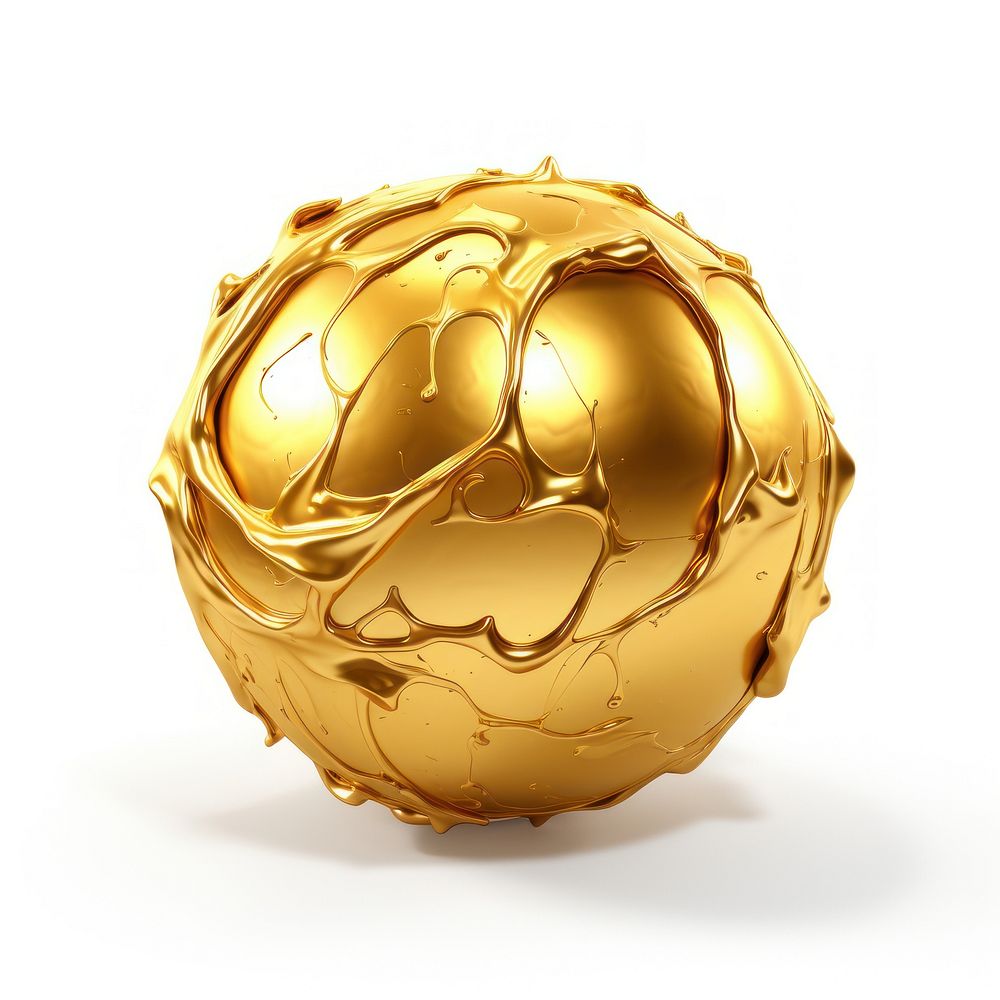 Melted sphere gold shiny white background.