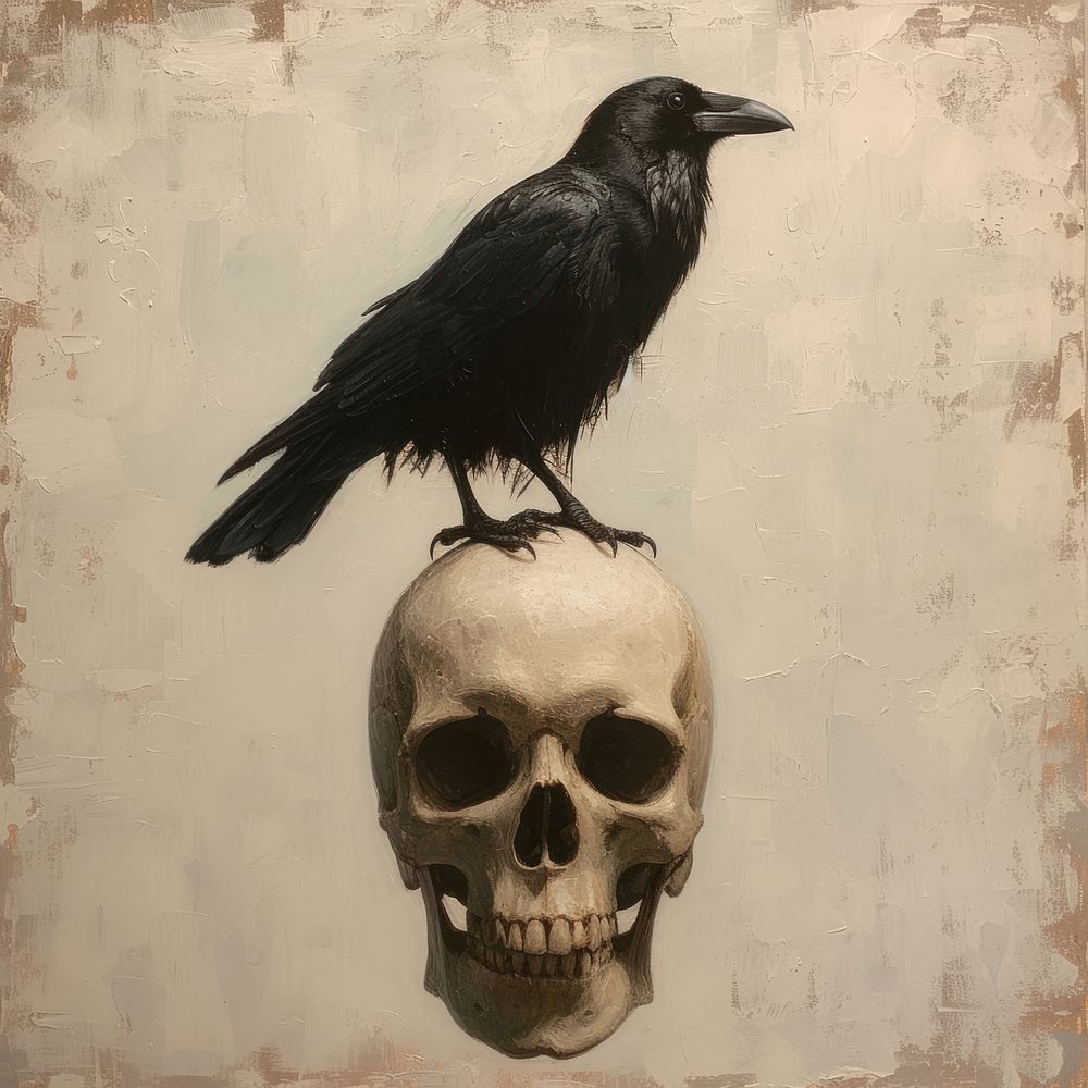 A crow perched atop a skull painting animal bird.