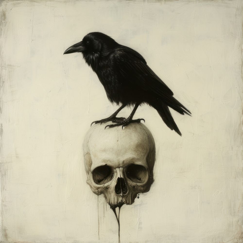A crow perched atop a skull painting animal bird.