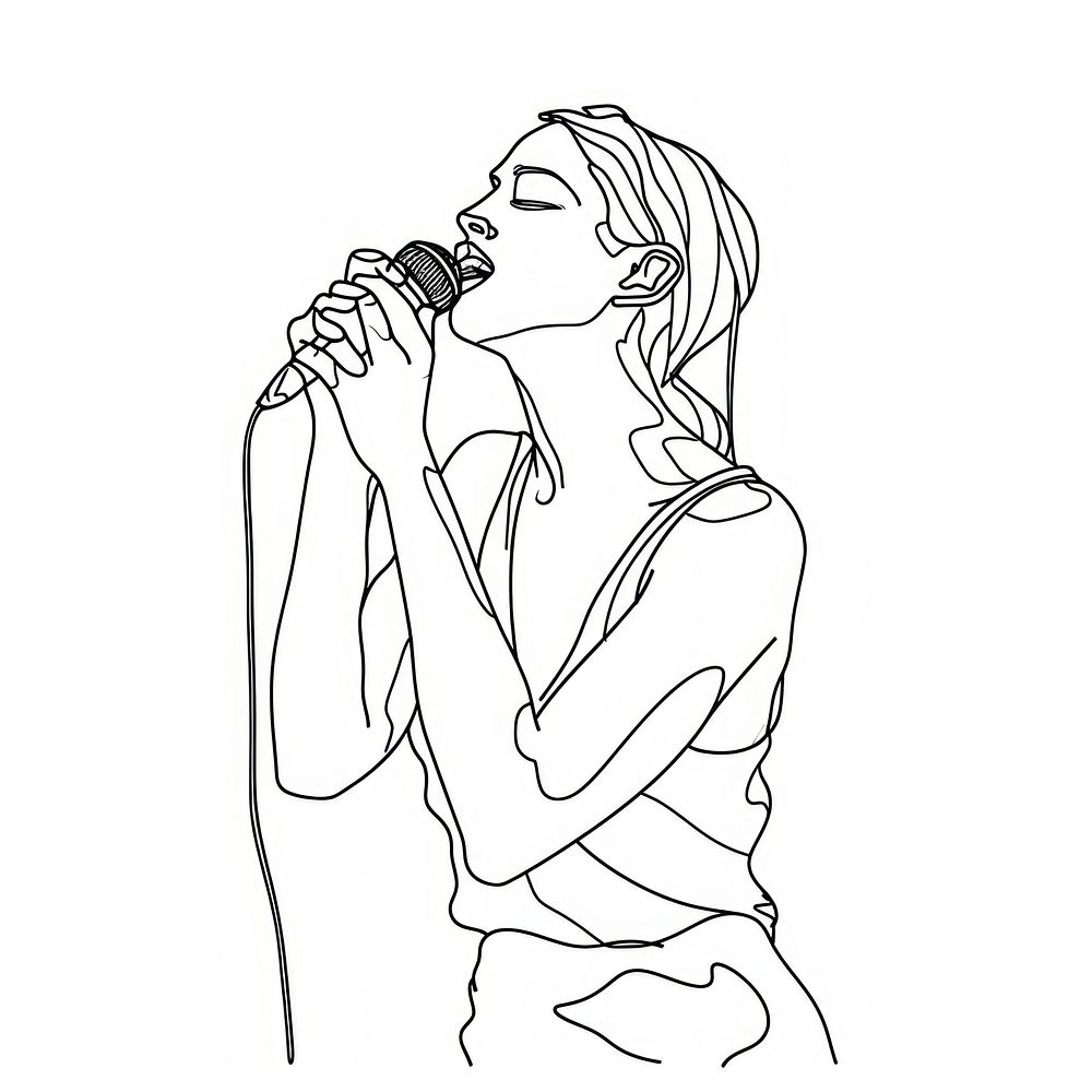 Woman holding microphone and singing drawing sketch art.