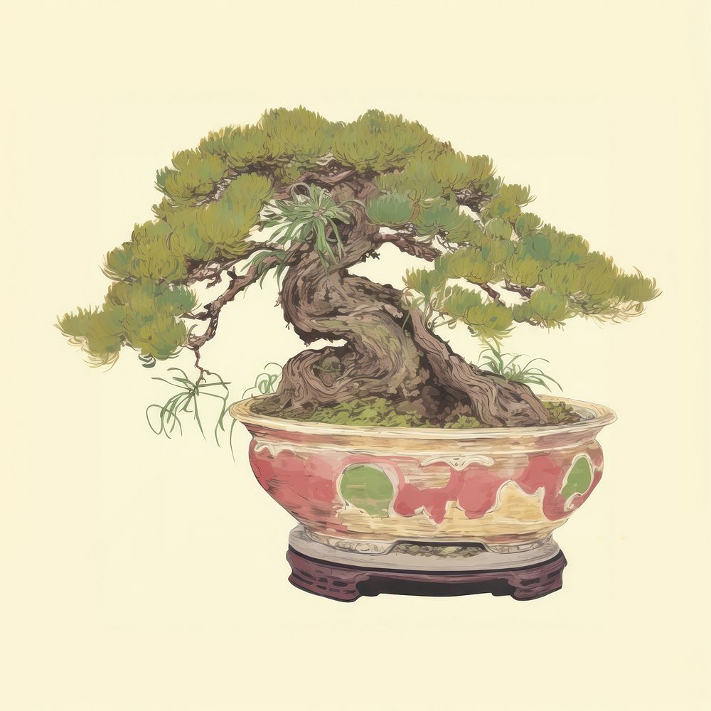 Illustration the 1970s of bonsai plant tree creativity.