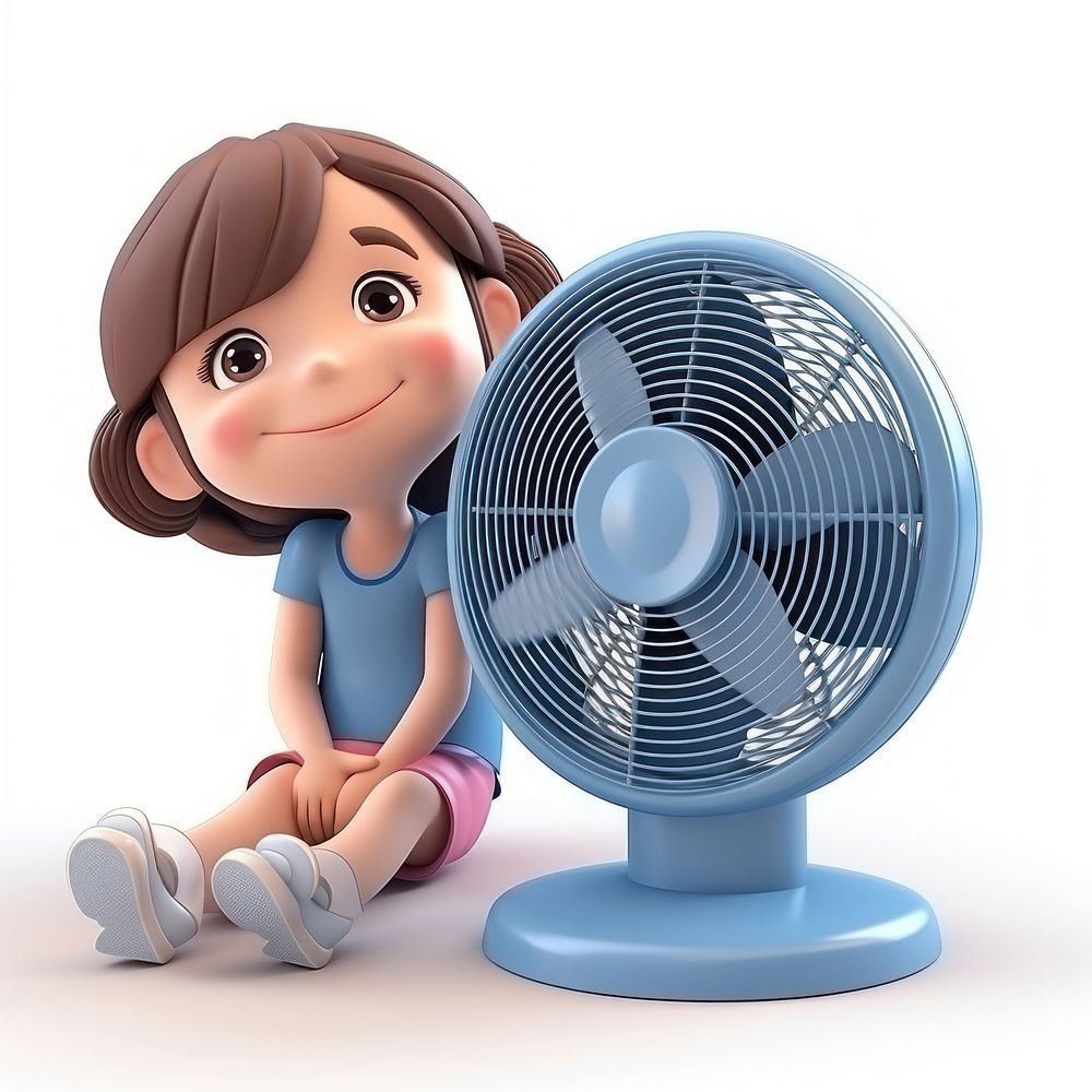 Kid and floor fan cartoon white background technology.