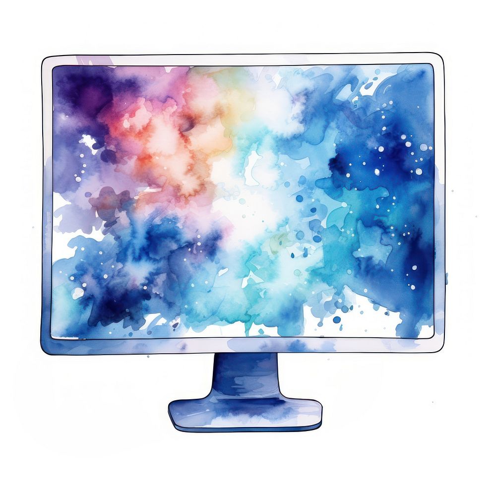 Computer moniter in Watercolor television painting white background.