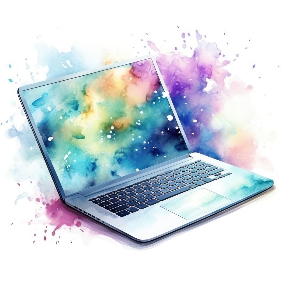 Laptop in Watercolor style computer white background portability.